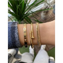 Nkie Jewels Altın Renk Kadın 3'lü Kombin Kartier Çivi Tırtıl  Renk Atmaz Bileklik Kombin Seti - 2415