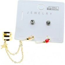 Nkie Jewels Altın Renk Yuvarlak Kıkırdak Kombin Beyaz Boncuk Küpe - 2849