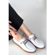 Guot Beyaz Cilt Bağcıklı Babet Ayakkabı