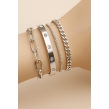 Nkie Jewels Gümüş Renk Dikdörtgen Taşlı Kartier Burgu Cadena Zincir Kombin Bileklik - 3372