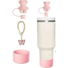Stanley Stanle Gülümseyen Ayıcık 3 Lü Parça Quencher ile Uyumlu Kapaklı Pipet Başlığı Bardak Altlığı Pipet