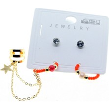 Nkie Jewels Altın Renk Yuvarlak  Kıkırdak Kombin Turuncu Boncuk Küpe - 2848