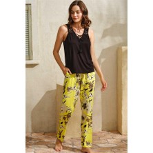 Aria's Closet Arias Closet Sıfır Kol V Yaka Viskon Çiçek Desenli Yazlık Uzun Uzun Paçalı Dantel Detaylı Pijama Takımı
