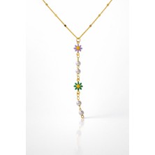 Nkie Jewels Altın Renk Ezme Zincir Çiçek Inci Ye Model Çelik Kolye - 3829
