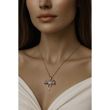 Nkie Jewels Gümüş Renk Kalp Fiyonk Beyaz Taş Sf Zincir Çelik Kolye - 3652