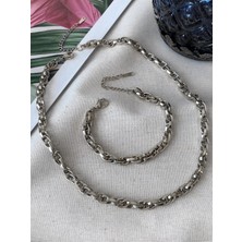 Nkie Jewels Gümüş Renk Çelik Iç Içe Geçmeli Halat Unisex Kararmaz Kolye ve Bileklik Çelik Set - 3214