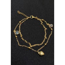 Nkie Jewels Altın Renk Nazar Göz Kalp Model Singapur ve Top Zincir Çelik Halhal - 3298