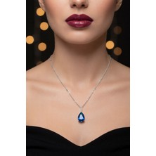 Nkie Jewels Gümüş Renk Sıra Taşlı Lacivert Damla Model  Sf  Zincir Çelik Kolye - 3845