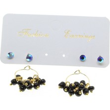 Nkie Jewels Altın Renk Yuvarlak Düz Kombin Siyah Boncuk Küpe - 2863