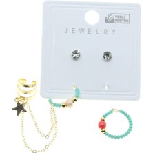 Nkie Jewels Altın Renk Yuvarlak Kıkırdak Kombin Turkuaz Boncuk Küpe - 2851