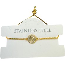 Nkie Jewels Altın Renk Yuvarlak Beyaz Taş Asansör Çelik Bileklik - 3585
