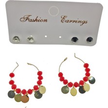 Nkie Jewels Altın Renk Kırmızı Boncuk Yuvarlak Pullu Şık Sallantılı El Işi Kombin Küpe - 2220