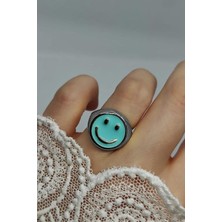 Nkie Jewels Gümüş Renk Turkuaz  Mineli Gülen Surat Yüzük Ayarlanabilir Her Parmağa Olur  - 2298