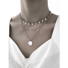Nkie Jewels Yuvarlak Detaylı Çok Pullu Çok Katmanlı Gümüş Renk Kolye