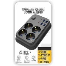 Gunkes Akım Korumalı 4’lü Priz 2x Usb-C 4x Usb-A Şarj 2m Kablo Uzatma Çocuk Korumalı Çoklu Priz İST34