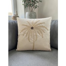 Nakış Işleme Hurma Ağacı Desenli Kırlent Kılıfı | Krem - Gold | 43X43 cm