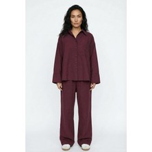 Greymoor Bordo Kadın Tensel Oversize Fit Düğmeli Gömlek Bol Paça Pantolon Ikili Takım