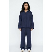 Greymoor Lacivert Kadın Tensel Oversize Fit Düğmeli Gömlek Bol Paça Pantolon Ikili Takım