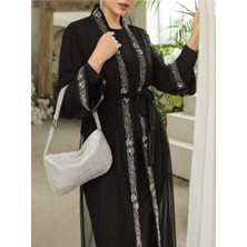 Moda Morfo Manşetleri Taş Işlemeli Kemerli Ikili Abaya Takım -Siyah