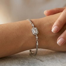 Angelviva 925 Ayar Gümüş Baget Zirkon Taşlı Halo Kadın Bileklik | Çift Zincirli Kararmaz Şık Hediye 22 cm