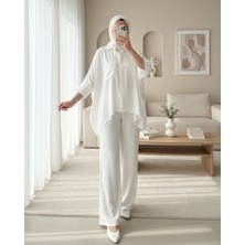 Moda Morfo Çift Cepli Yarım Yarasa Kol Salaş Gömlek Takım   -Beyaz