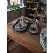 2’li Ceviz Ahşap Desenli Ovel Tasarım Sunum Tepsisi