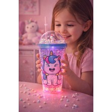 Home Dekor Hediye Renkli Boncuklu Sevimli Unicorn Tasarımlı 450 ml LED Işıklı Pipetli Içecek Bardağı Suluk Mavi 2646