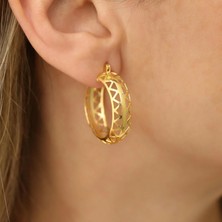 Nox Jewelry 14 Ayar Altın Kaplama Yuvarlak Desenli Kalın Orta Boy Halka Gümüş Küpe - E00207