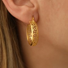 Nox Jewelry 14 Ayar Altın Kaplama Grek Desenli Kalın Orta Boy Halka Gümüş Küpe – E00206