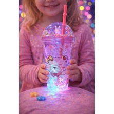Kesene 450 ml LED Işıklı Pipetli Içecek Bardağı Çocuklar Için Sevimli Bear Renkli Boncuklu Suluk Pembe 2093