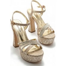 Kadın Simli Taşlı Çapraz Bantlı Platform Kalın Topuklu Abiye Gelin Düğün Nişan Ayakkabısı