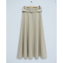 Moda Morfo Kalın Kemerli Bol Kiloş Ithal Krep Etek  -Bej