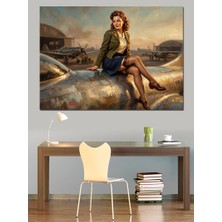 Karizma Tablo Uçak Kanadında Oturan Nostaljik Kadın Dekoratif Kanvas - Mdf Ahşap Tablo
