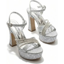 Kadın Simli Taşlı Çapraz Bantlı Platform Kalın Topuklu Abiye Gelin Düğün Nişan Ayakkabısı