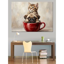 Karizma Tablo Fincan Içinde Kedi Köpek Dostluğu Dekoratif Kanvas - Mdf Ahşap Tablo