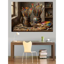 Artmeg Sanatçı Masası Fırçalar ve Palet Dekoratif Kanvas - Mdf Ahşap Tablo