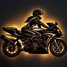 Lucenda LED Işıklı Kadın Motorcu Silüet Tablo Modern Motosiklet Duvar Dekoru