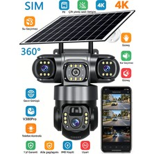 Dobest 4K 4g Sım Güneş Enerjili 3 Lens Ptz Dış Kamera | 360° Panoramik, V380PRO, Su/kar Dayanıklı, Gece Görüşü
