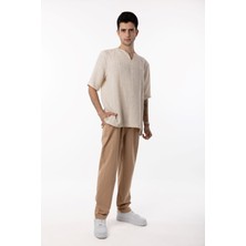 Qaviya Erkek Krem / Bej V Yaka Düşük Omuz Pamuklu Oversize Tişört / Bluz