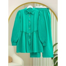 Moda Morfo Omzu ve Önü Büzgülü Inci Düğmeli Takım -A.yeşil