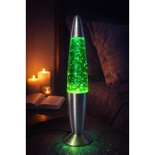 Kesene Yeşil Yıldız Simli Renkli Hareketli Dekoratif Lav Lambası Oda Aydınlatma Masa Gece Lambası 34X6 cm