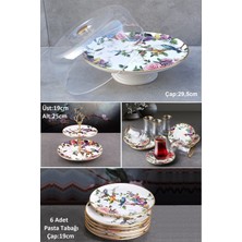 Pinkev Flora 20 Parça Seramik Kek Fanuslu Pasta Çay Servis Sunum Tabağı Takımı