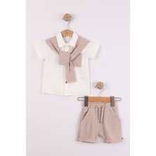 Joy Kids Erkek Bebek Fularlı Keten Müslin Karışımlı Basic Takım (6-24AY) (Ekru-Kahve)