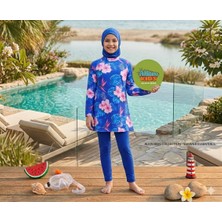 Alkın Kids 7-16 Yaş Kız Çocuk Çiçekli Tesettürlü Mayo Takımı (Üst-Tayt-Bone)