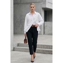 Lupinn Kadın Beyaz Gömlek Düz Nakış Detaylı Uzun Kollu Oversize Şık Günlük Smart Casual Bluz - Kadın Gömlek