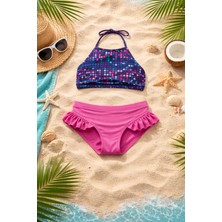 Alkın Kids 8-12 Yaş Kız Çocuk Kareli Dijital Baskılı Bikini Üstü ve Yanları Fırfırlı Bikini Altı Ikili Takım
