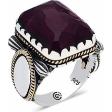 Fm ​💎 Premium 925 Ayar Ithal ​gümüş Bordo Taşlı Köşeli Erkek Yüzük - 18 Ölçü