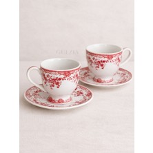 Guezia Ikili Vintage Desenli Porselen Fincan Seti (Kırmızı)