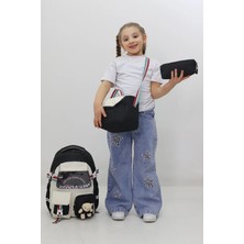 Probag Kız Çocuk Okul Çantası 3lü Set Beslenme Kalemlik Peluş Aksesuarlı Siyah Ilkokul Anaokulu