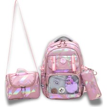 Probag Gül Kurusu Pudra Pembe 3'lü Okul Çanta Seti Geometrik Desenli Sırt Çantası Beslenme ve Kalemlik